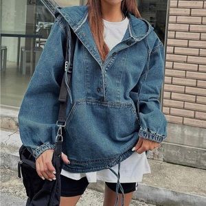 DAZY Half Button Kangaroo Pocket Drawstring Hem Hooded Denim Jacket